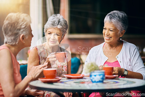 Image of Coffee shop, happy and senior women talking, discussion and having friends reunion, retirement chat or social group. Restaurant, tea and elderly people in conversation for pension, discount and cafe