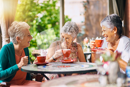 Image of Coffee shop, funny and senior women talking, laughing and having friends reunion, retirement chat or social group. Restaurant, tea and elderly people in happy conversation for pension or cafe cafe