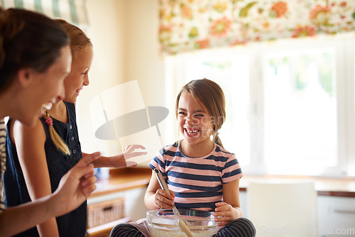 Image of Mother laughing, happy family or kids baking in kitchen with siblings learning or mixing cookies recipe. Funny, home or mom helping or teaching playful children to bake together for cooking skills