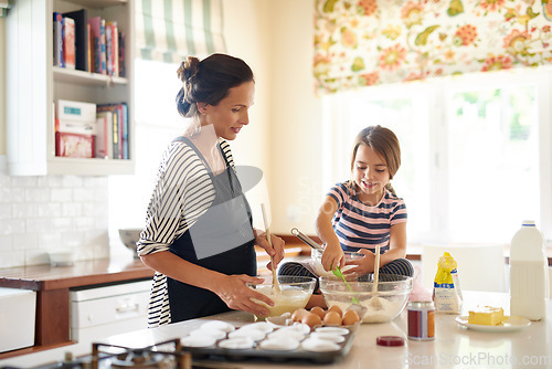 Image of Mother, cooking or girl baking in kitchen as a family with a young kid learning cookies recipe at home. Cake pastry, baker or happy mother helping or teaching daughter to bake for child development