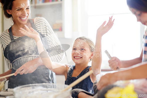 Image of Family, girls and mother baking, kitchen and excited with love, child development and bonding. Mama, female children and kids with ingredients, fun and playful with quality time, home and daughters