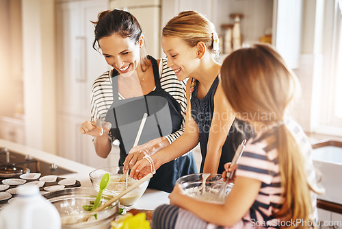 Image of Mother, happy family or kids baking in kitchen with siblings learning cookies recipe or mixing pastry. Laughing, funny or mom helping or teaching children to bake together for cooking skills at home