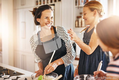 Image of Funny mother, happy family or kids baking in kitchen with siblings learning cookies recipe or mixing pastry. Laughing, home or mom helping or teaching children to bake together for cooking skills