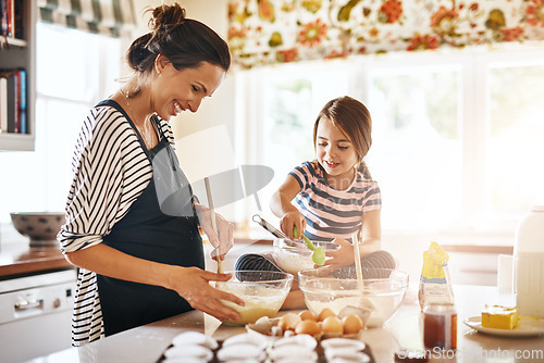 Image of Mother, cooking or happy girl baking in kitchen as a family with a young kid learning cookies recipe at home. Cake pastry, baker or mother helping or teaching daughter to bake for child development