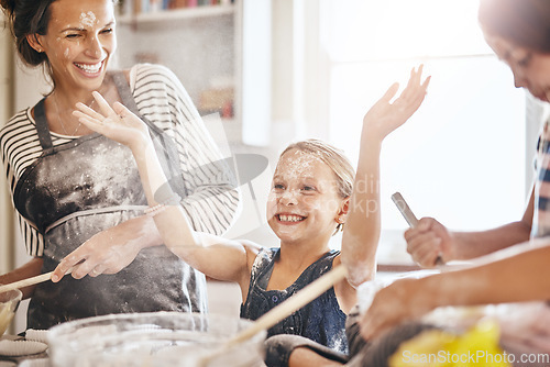 Image of Messy, happy and children baking with mother for teaching and being crazy with flour. House, excited and girl kids with a mom, learning to cook and making a mess while cooking together in the kitchen