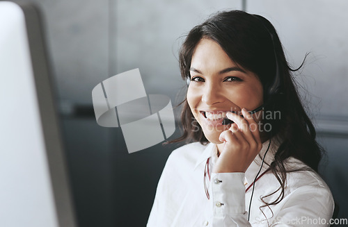 Image of Business woman, portrait and telemarketing employee with a smile doing crm consulting. Call center, customer service and young female person working on a web support consultation with happiness