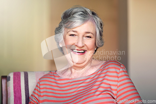 Image of Portrait, happy and senior woman in nursing home, relax in living room or smile in retirement. Elderly lady, happiness and healthy grandmother laughing at funny, joke or freedom of retired life