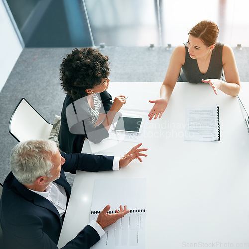 Image of People in business meeting, collaboration and planning top view, project management and paperwork. Teamwork, man and women in strategy discussion with market research and mission in conference room