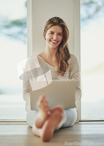 Image of Smile, laptop and portrait of woman on floor at home, relax and sitting on ground. Computer, happy and person from Norway typing, writing blog for social media or email, internet or web research.