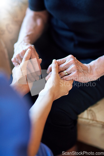 Image of Holding hands, senior person and nurse in support, healthcare service and medical hope, helping or empathy. Professional, nursing and retirement of elderly patient, people or doctor for together sign