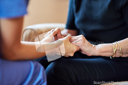 Image of Nurse, senior people and holding hands for support, healthcare service and medical, advice and empathy. Professional doctor, helping and retirement nursing for elderly person in together sign closeup