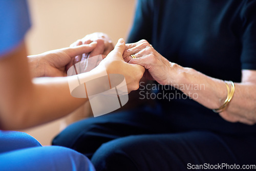 Image of Doctor, senior people and holding hands for support, healthcare service and medical, advice and empathy. Professional nurse, helping and retirement nursing for elderly person in together sign closeup