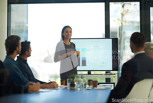 Image of Pregnant, business woman meeting and conference presentation at a teamwork workshop with speech. Manager, female speaker pregnancy and company learning with staff and boss with graph strategy