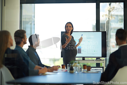 Image of Pregnant, business woman and startup presentation at a teamwork workshop with speech and communication. Manager, female pregnancy and company learning with staff and boss with sales graph strategy