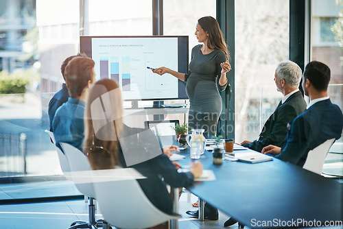 Image of Pregnant, business woman and sale presentation at a teamwork workshop with speech and communication. Manager, female speaker pregnancy and company learning with staff and boss with graph in office