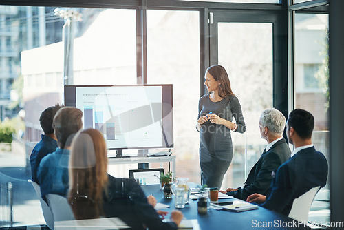 Image of Pregnant, business woman and training presentation at a workshop with speech and communication. Manager, female speaker and company learning with staff and boss with sales graph strategy in office