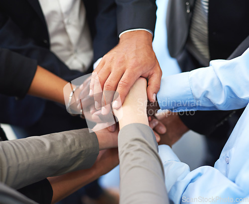 Image of Business people, group and hands stack with motivation, teamwork and support for company goals in office. Men, women and solidarity for team building, achievement and celebration at insurance agency