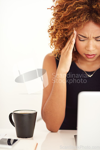 Image of Sad, headache and woman with a laptop email isolated on a white background in a studio. Frustrated, tired and a social media manager with migraine pain from a mental health problem or work mistake