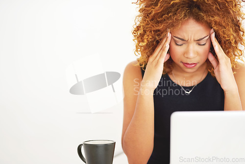 Image of Stress, headache and woman with a laptop email isolated on a white background in a studio. Frustrated, space and a social media manager with migraine pain from a mental health problem or work mistake