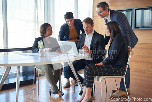 Image of Meeting, teamwork and business people in discussion in the office with a laptop for accounting planning. Collaboration, technology and group of accountants working on a finance project in workplace.