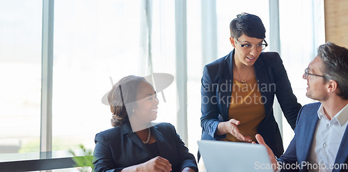 Image of Business, meeting and people in conversation or working in corporate, legal discussion or lawyer in partnership. Leadership, team and collaboration on computer or planning, company and management