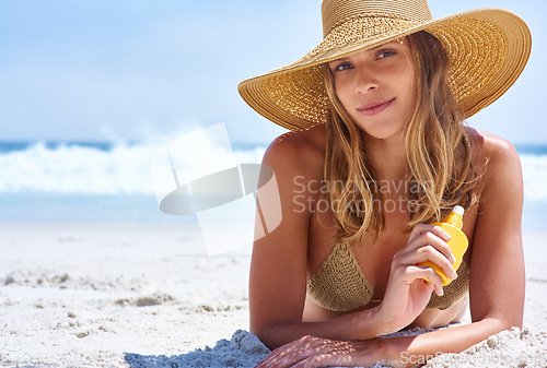 Image of Sunscreen, cream and portrait of woman on beach for skincare, cosmetics and beauty health, summer and holiday. Island, tropical and face of model or young person relax by ocean and dermatology bottle