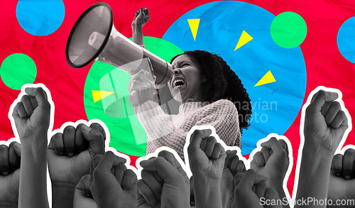 Image of Megaphone, protest and woman voice isolated on red background for human rights, strong opinion or broadcast. Speech, fist and gen z people for power, call to action or change on digital scrapbook art