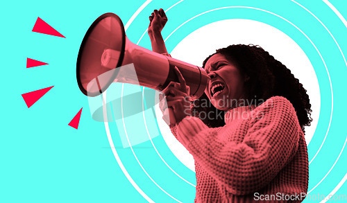 Image of Megaphone, protest and woman fist isolated on blue background for human rights, strong opinion or broadcast. Speech, noise and african person with power, call to action and red warning on digital art