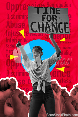 Image of Poster, protest and woman with time for change sign isolated on a red background for human rights, racism or abuse. Speech, power and fist of african people pointing to government on red collage art