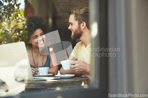 Image of Cafe window, tea and happy people, couple of friends or customer talking, speaking and enjoy romantic date. Coffee shop conversation, communication and diversity man and woman chatting in restaurant