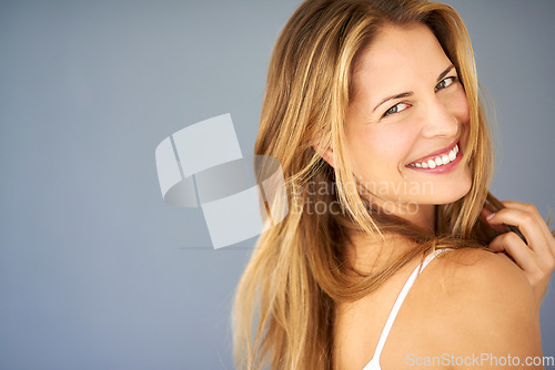 Image of Mockup, portrait and woman with beauty, smile and carefree girl against a grey studio background. Face, happy female person and model with happiness, freedom and casual outfit with joy and aesthetic