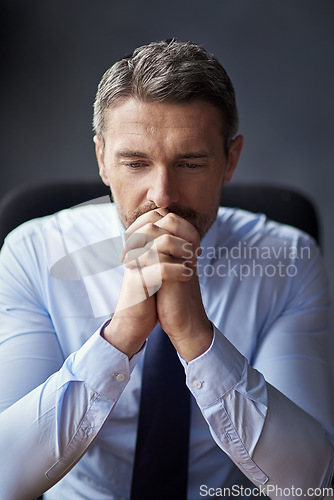Image of Professional man, stress and business fail, trader worried with anxiety about stock market crash at office. Businessman thinking of career mistake, financial crisis with debt problem and bankruptcy