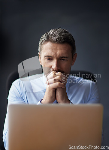 Image of Man, stress and anxiety with career fail, trader worried about stock market crash and laptop glitch. Businessman thinking of business mistake, financial crisis and debt, fintech 404 and bankruptcy