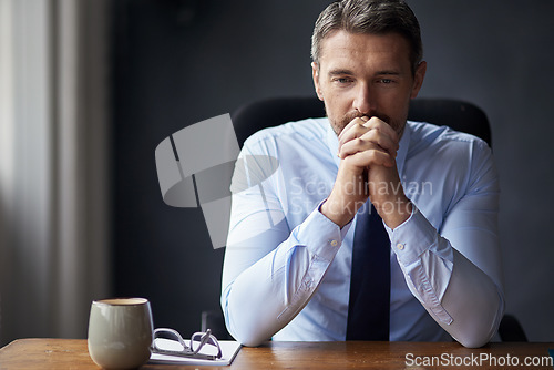 Image of Man in office, stress and business fail with trader at desk worried and anxiety about stock market crash. Businessman thinking of career mistake, financial crisis with debt problem and bankruptcy