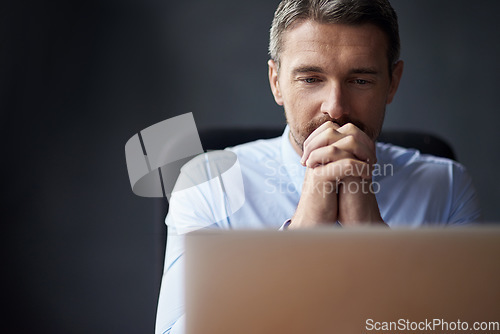 Image of Man, stress and anxiety about business fail, trader worried about stock market crash and laptop glitch. Businessman thinking of career mistake, financial crisis and debt, fintech 404 and bankruptcy