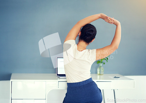 Image of Woman, work and stretching at desk in office, business workplace or working from home at computer table. Stretch, arm and hands of businesswoman or focus on posture, back pain and stress management