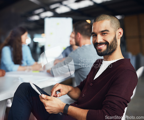 Image of Man, portrait and working on tablet in office meeting for internship, job opportunity and boardroom planning. Businessman, happy and modern technology for company, workplace and business workshop