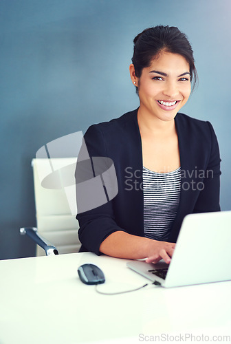 Image of Smile, laptop and portrait of businesswoman in office for HR work by wall with mockup space. Happy, computer and professional female human resources manager doing research in workplace with mock up.