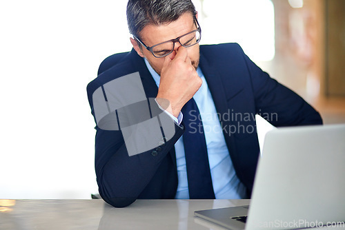 Image of Business, stress or man with a headache, laptop or stock market crisis with error, sales or bankruptcy. Male person, ceo or employee with a pc, migraine or depression with risk management or burnout