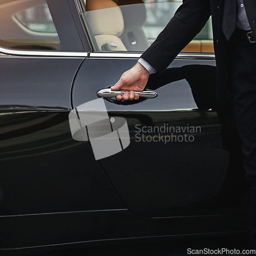 Image of Businessman, hands and chauffeur by car door for taxi, travel accommodation or driver to commute. Hand of male person on vehicle handle in professional transport service, business class or pick up