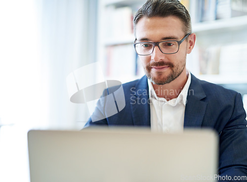 Image of Business, focus and man with a laptop for research, website information and reading email for project management. Mature entrepreneur at computer for planning online analysis, administration and tech