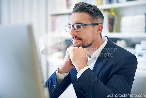 Image of Business, focus and man with a computer, email and search internet for website information, solution and online reading. Male person, ceo and employee with a pc, concentration and digital planning