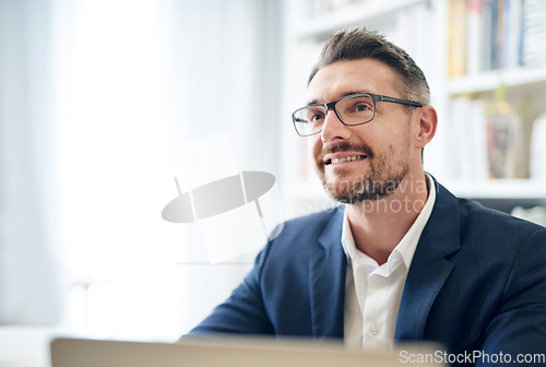 Image of Business, focus and man with a laptop, thinking and search internet for website information, problem solving and opportunity. Male person, happy ceo and employee with ideas, project and concentration