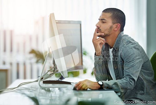 Image of Business, thinking and man with a computer, entrepreneur or deadline with a project, problem solving or online reading. Male person, employee or consultant with a pc, ideas or confused with decision