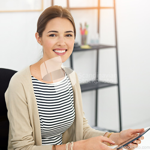 Image of Smile, portrait and woman with tablet, designer or creative in startup company. Face, entrepreneur and graphic design person from Canada with technology, pride or success mindset for business at work