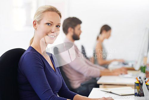 Image of Happy, portrait and woman, creative designer and employee in startup company office. Face, entrepreneur and design professional with pride for career, job and business success mindset for coworking.