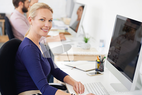 Image of Smile, portrait and woman, creative designer or employee in startup on computer. Face, entrepreneur and web design professional with pride for business career, job or success mindset for coworking.