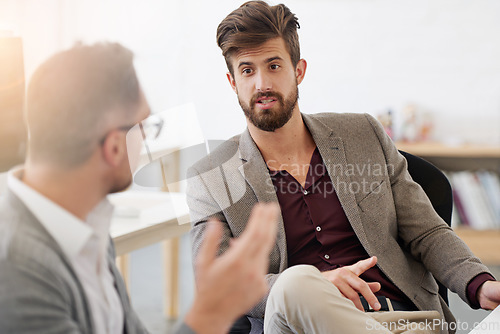 Image of Business, men and staff in a meeting, brainstorming and planning with ideas, opinion and project. Male people, coworkers or consultant with partnership, cooperation and collaboration for development