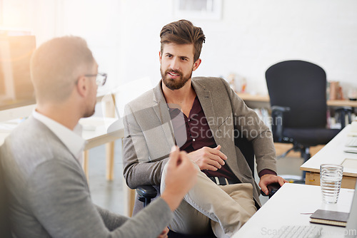 Image of Business, men and staff in a meeting, consultation and ideas with planning, project and explain system. Male people, coworkers and friends brainstorming, consultant and negotiation with partnership