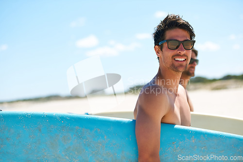 Image of Beach, summer and surfboard with man friends outdoor together for travel, vacation or holiday trip overseas. Surfing, sea or fun with a young male surfer in sunglasses and friend bonding on the coast